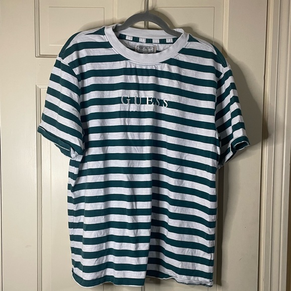 Guess Other - GUESS Shirt Mens Size L Green White Striped Los Angeles Originals Graphic Print